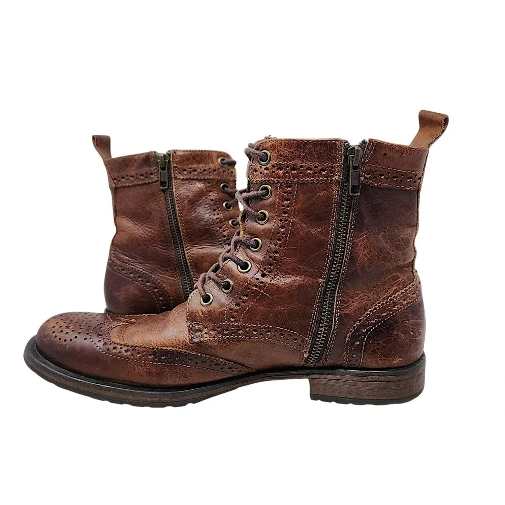 Aston Grey Wingtip Combat Boots 9 Mens Brown Leather Oxford Zip Up Distressed